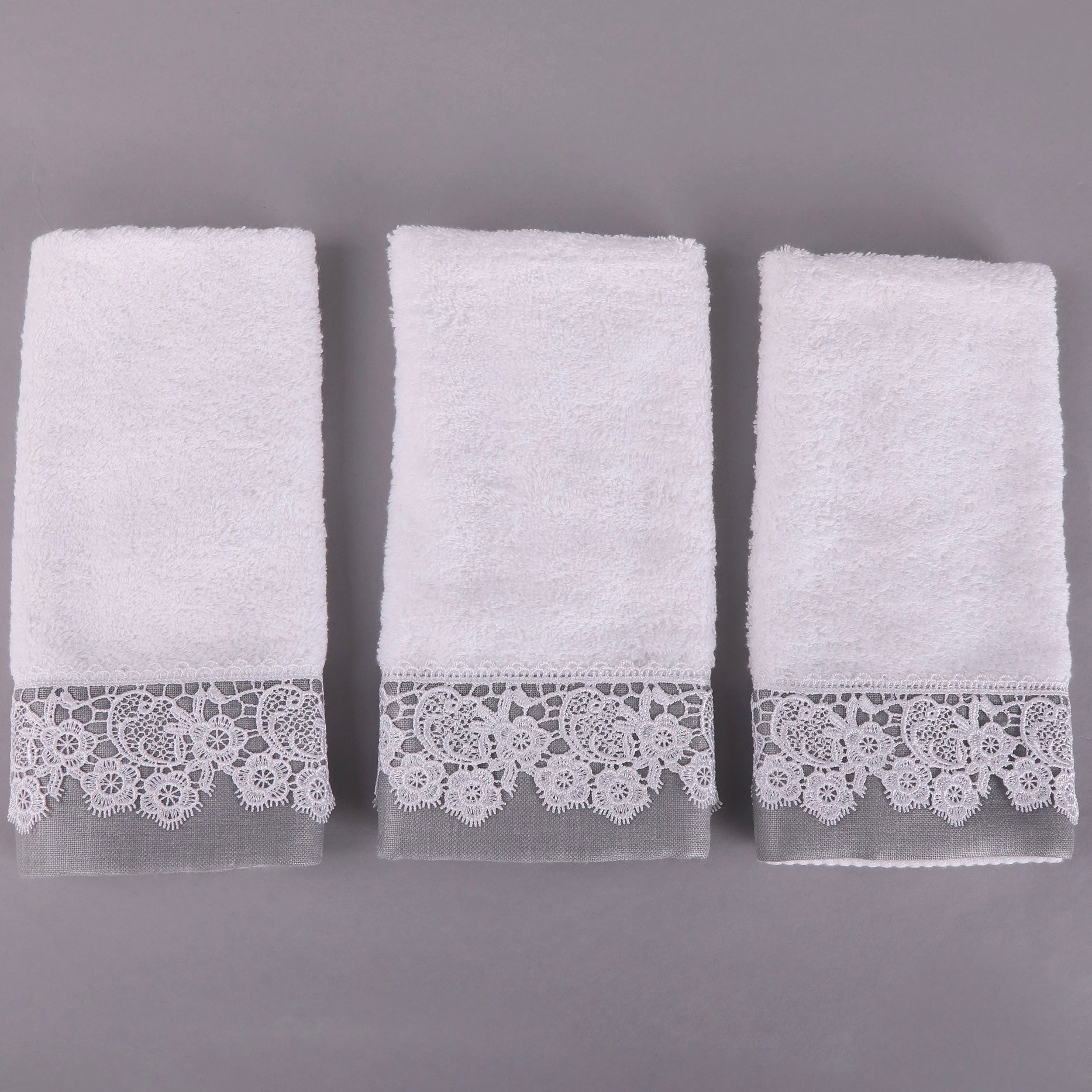 Grey Laced White Towels Set of 3