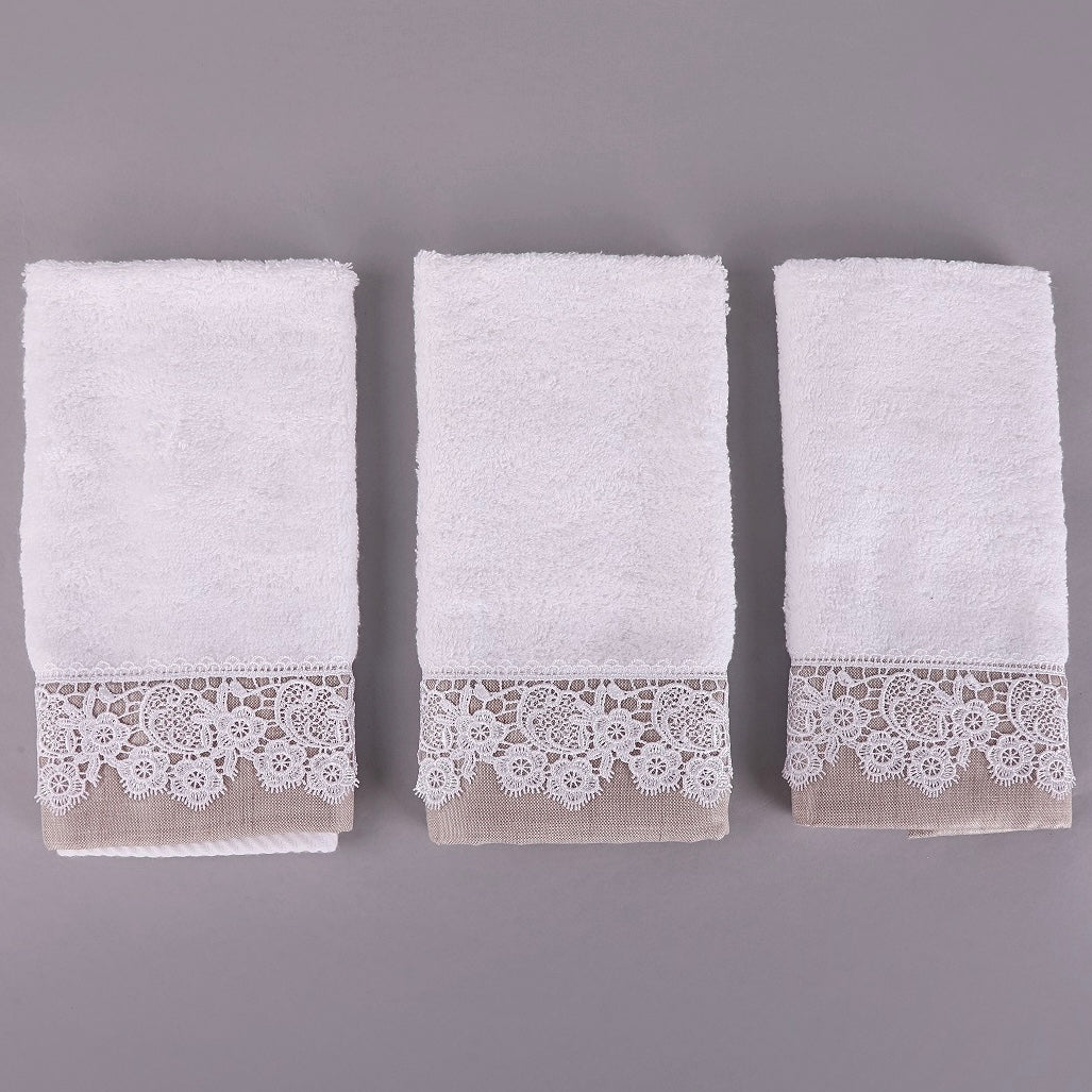 Beige Laced White Towels Set of 3