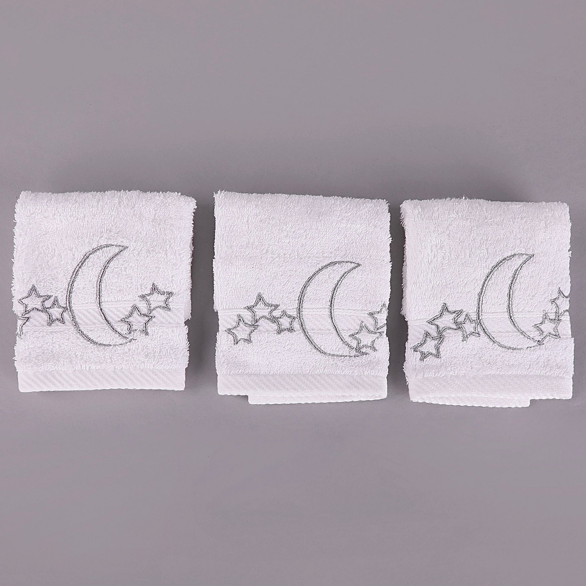 Silver Embroidered Moon and Stars Towels Set of 3