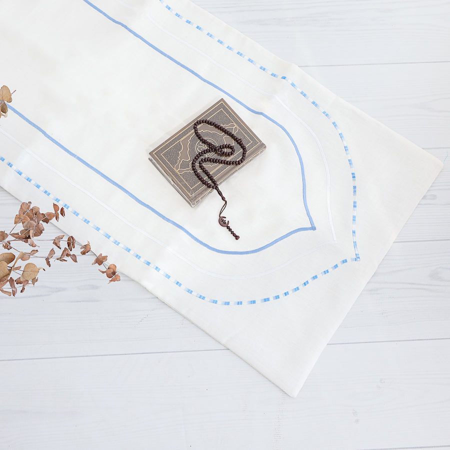 White Cotton Shades of Blue Prayer Mat filled in Dacron