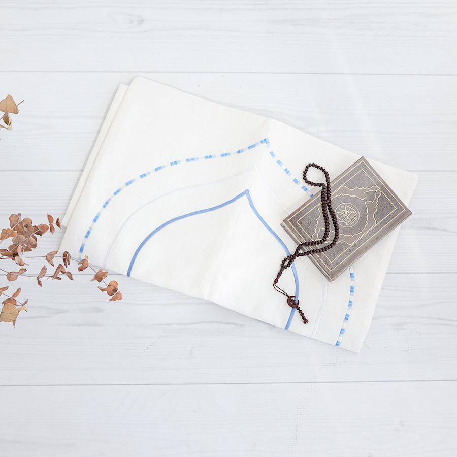 White Cotton Shades of Blue Prayer Mat filled in Dacron