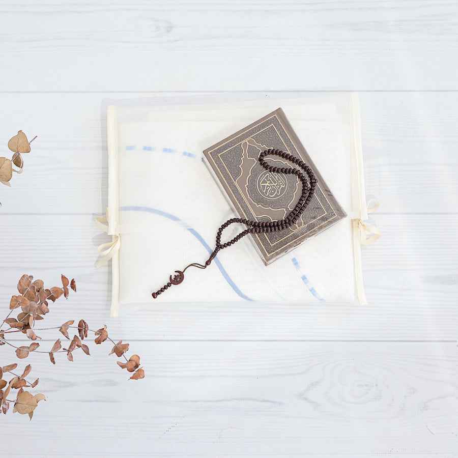 White Cotton Shades of Blue Prayer Mat filled in Dacron