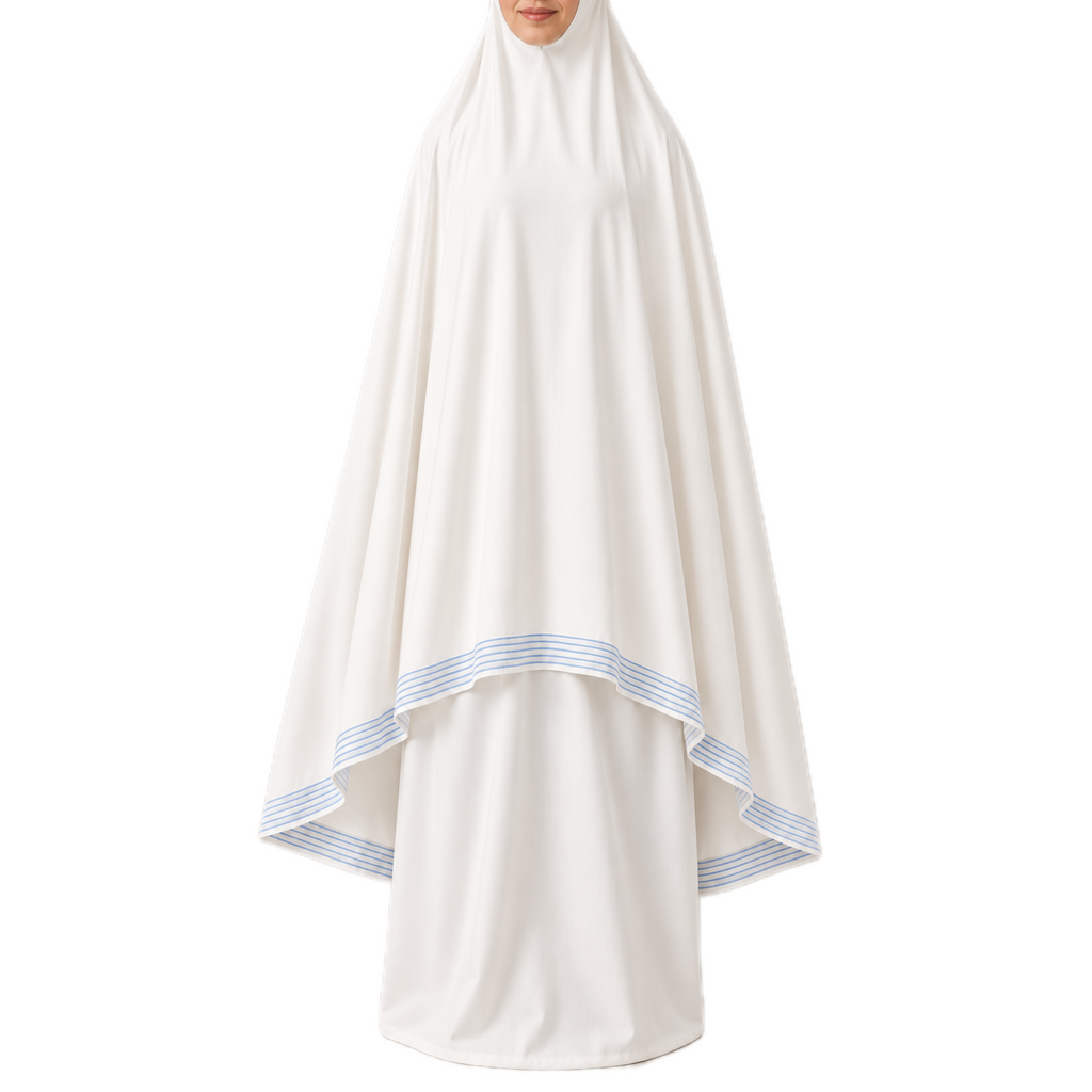 White Cotton Prayer Cloth with Blue Threading Trim